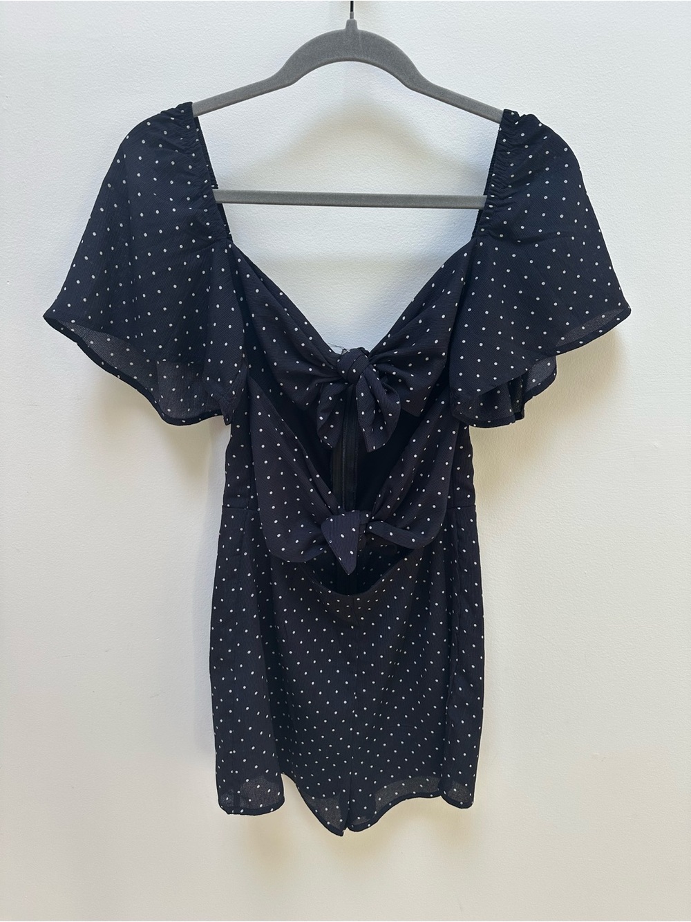 Navy Polka Dot Tie Front Romper